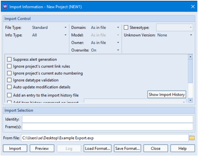 Screenshot showing Import Information