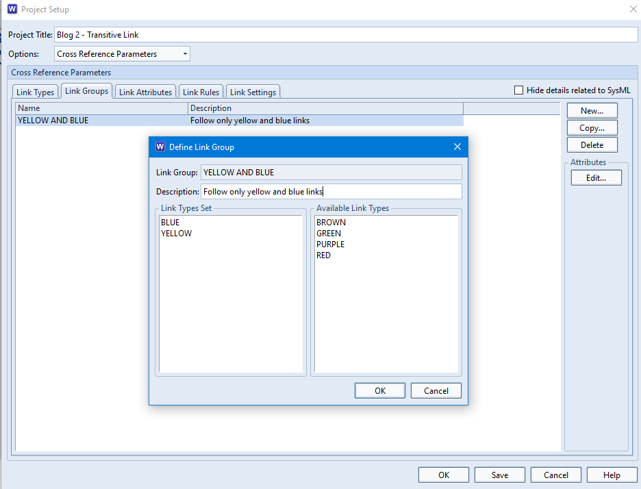 Screenshot showing the setting up of Link Groups in Project Setup Screenshot showing how to define a link group
