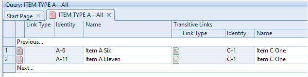 Screenshot showing the resulting table that only shows items where a transitive link exists