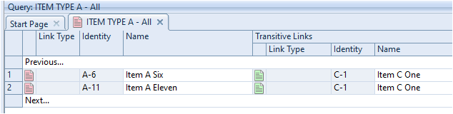 Screenshot showing the resulting table that only shows items where a transitive link exists Screenshot showing the resulting table that only shows items where a transitive link exists