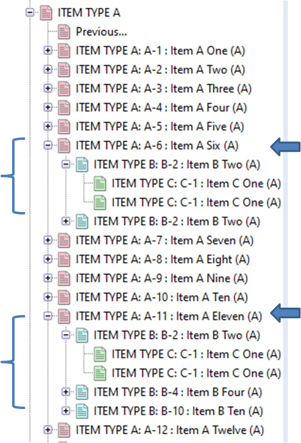 Screenshot showing the direct links between items in a tree style to prove that the items are not directy linked