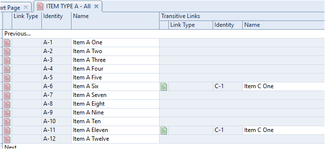 Output of a table that shows links that are transitive when they exist
