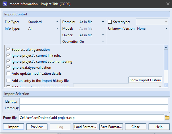 Import Information dialog showing import options