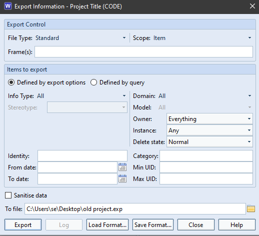 Export Information dialog showing Owner option