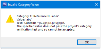 Invalid Category Value dialog
