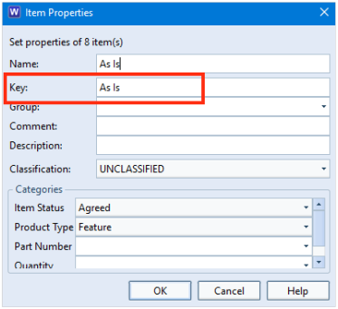 Item Properties dialog showing Key As Is