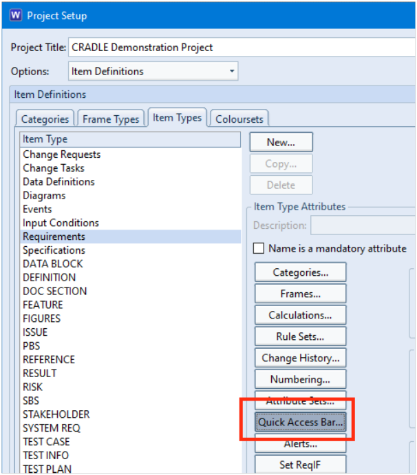 Quick Access Bar option in Project Setup