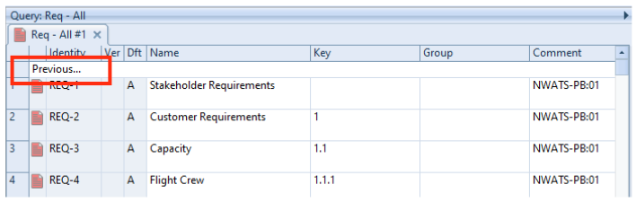 Query showing Previous option