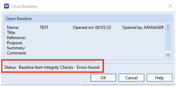 Close Baseline dialog showing errors