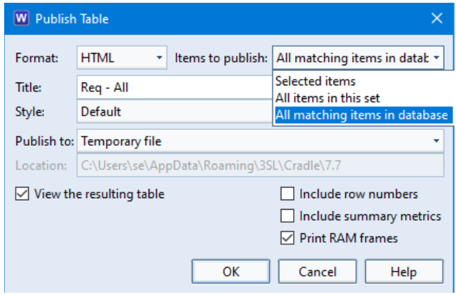 Publish Table Dialog