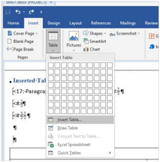 Word Insert Table option