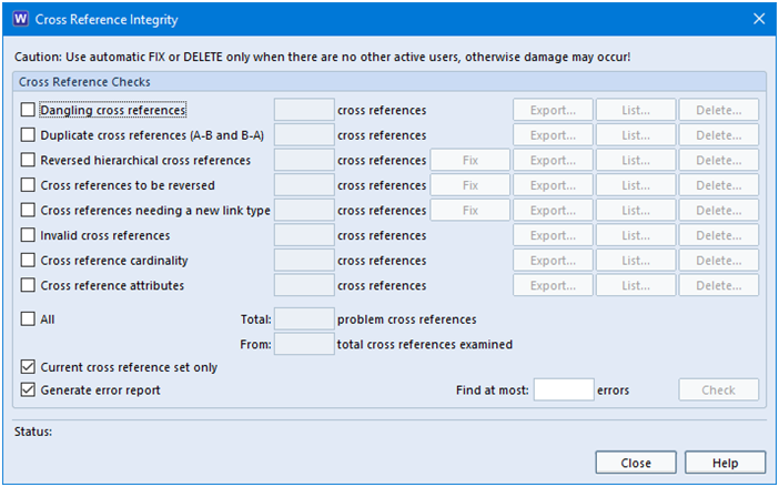 Cross Reference Integrity dialog
