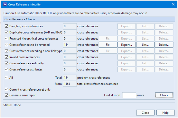Example Cross Reference Integrity dialog