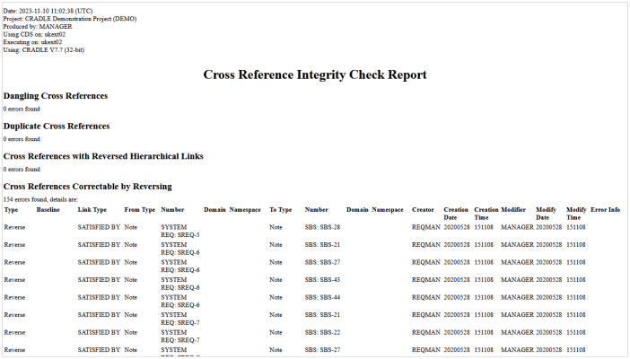 Example Cross Reference Integrity Report