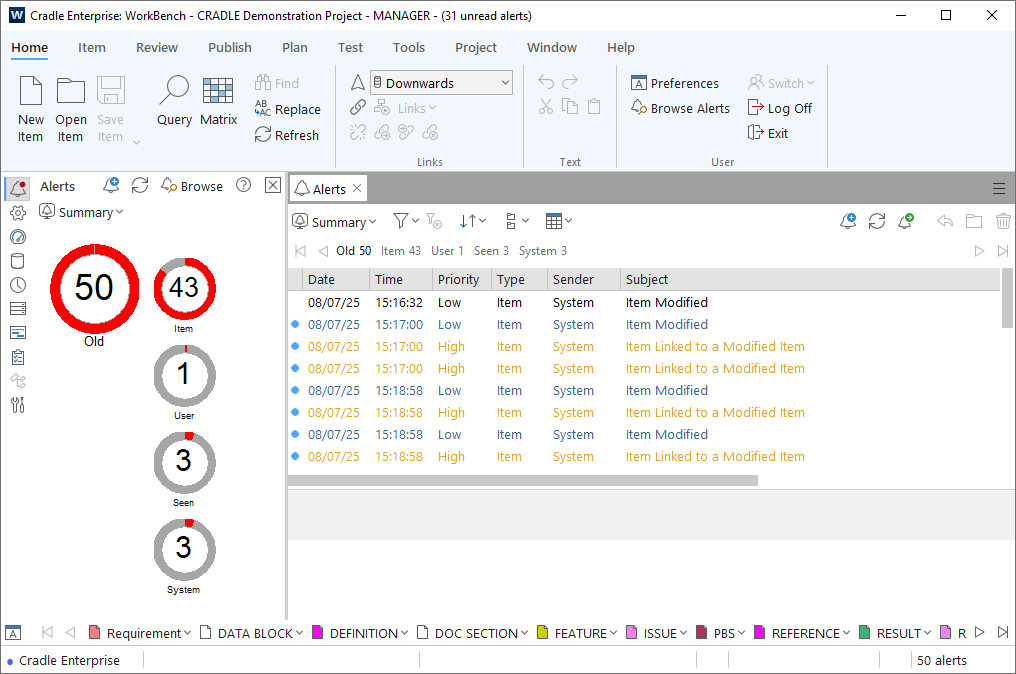 Alerts tab and sidebar