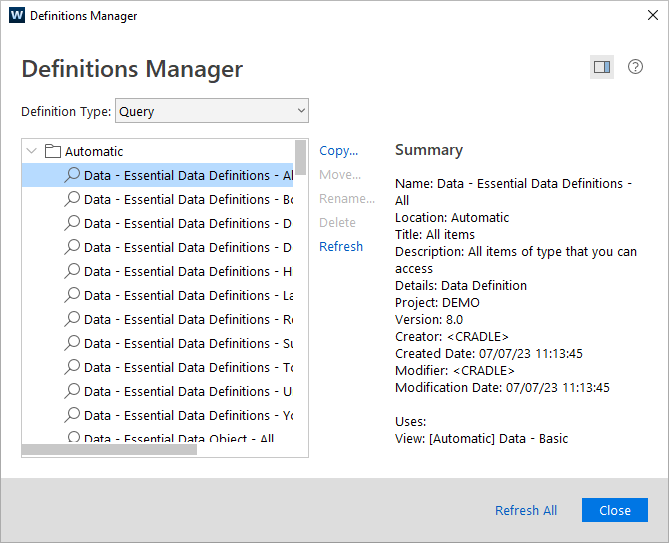 Definitions Manager showing a summary